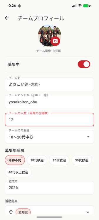 チーム情報の入力画面